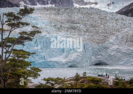 I turisti, Pía ghiacciaio, il Canale di Beagle (ramo di nord-ovest), PN Alberto De Agostini, Tierra del Fuego, Patagonia, Cile Foto Stock