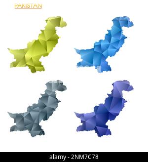 Serie di mappe poligonali vettoriali del Pakistan. Mappa del paese con gradiente luminoso in basso stile polietilene. Illustrazione Vettoriale