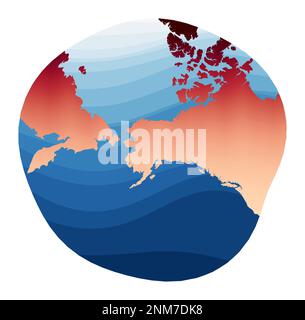 Vettore mappa mondiale. Proiezione stereografica modificata per Alaska. Mondo in gradiente rosso arancio sulle onde blu profonde dell'oceano. Illustrazione vettoriale brillante. Illustrazione Vettoriale