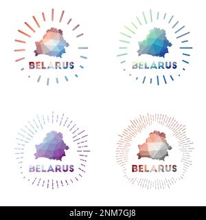 Bielorussia basso Poly sunburst set. Logo di paese in stile poligonale geometrico. Illustrazione vettoriale. Illustrazione Vettoriale