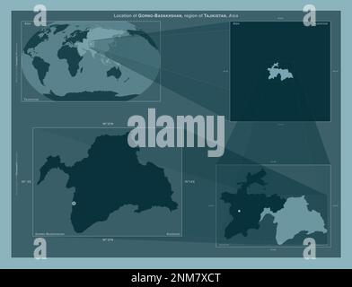 Gorno-Badakhshan, regione del Tagikistan. Diagramma che mostra la posizione della regione su mappe in scala più grande. Composizione di fotogrammi vettoriali e forme PNG o Foto Stock