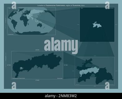 Territori del Tadzhikistan, regione del Tagikistan. Diagramma che mostra la posizione della regione su mappe in scala più grande. Composizione di frame vettoriali e PNG Foto Stock