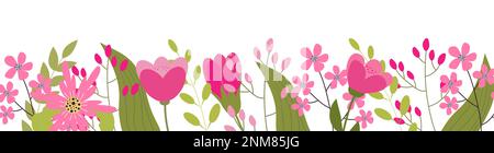 Striscione orizzontale bianco o sfondo floreale decorato con fiori rosa fioritura e bordo foglie. Disegno vettoriale piatto botanico primaverile su bianco Illustrazione Vettoriale