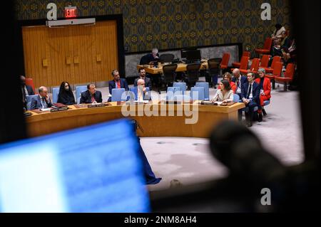 New York, Stati Uniti. 24th Feb, 2023. Annalena Baerbock (Bündnis 90/Die Grünen, 4th da destra), Ministro degli Esteri, interviene alla sessione speciale del Consiglio di sicurezza delle Nazioni Unite. Intorno all'anniversario dell'inizio dell'invasione russa dell'Ucraina, l'Assemblea generale delle Nazioni Unite e il Consiglio di sicurezza delle Nazioni Unite si riuniscono per sessioni speciali presso la sede delle Nazioni Unite a New York. Credit: Bernd von Jutrczenka/dpa/Alamy Live News Foto Stock