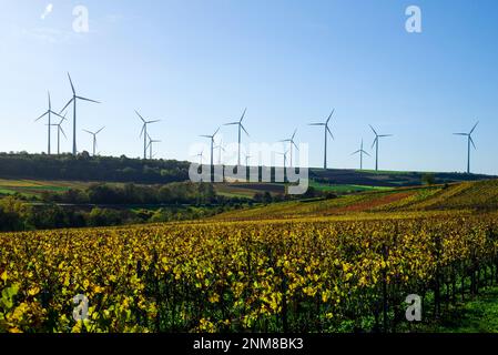 Valle della Zellertal nella regione di Rhenish Hesse (Worms/Germania) con turbine eoliche Foto Stock