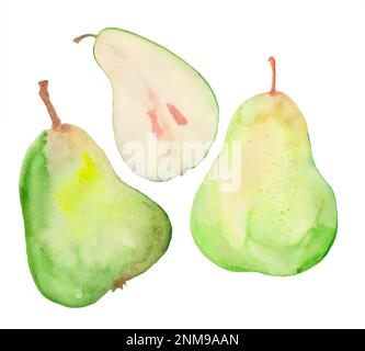 tre pere verdi, acquerello, disegno a clipart per imballaggio, carta da parati, carta da parati, stampa su tessuto Foto Stock