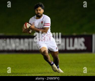 Tristan Woodman of England U20's durante la partita delle sei Nazioni 2023 U20 Galles vs Inghilterra allo Stadiwm CSM, Colwyn Bay, Regno Unito, 24th febbraio 2023 (Foto di Steve Flynn/News Images) Foto Stock