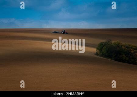 Lavorare con un trattore agricolo nei campi della Moravia. Un meraviglioso cielo blu. repubblica Ceca Foto Stock