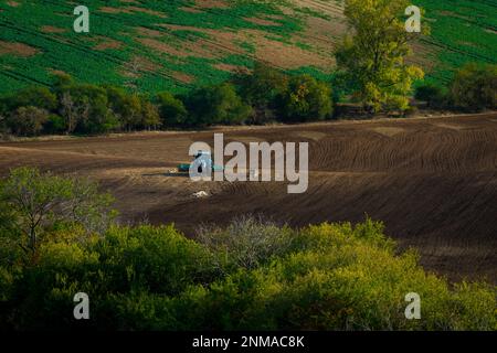 Lavorare con un trattore agricolo nei campi della Moravia. repubblica Ceca Foto Stock