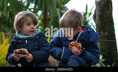 Fratelli allegri che mangiano i waffle belgi all'aperto. Due piccoli ragazzi che snacking dolce dessert. I bambini felici mangiano cibo di strada Foto Stock