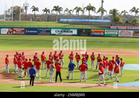 Clearwater, Florida, Stati Uniti. 24th Feb, 2023. Il manager della Philadelphia Phillies Rob Thomson (59) parla con il team durante gli allenamenti primaverili al BayCare Ballpark. (Credit Image: © David G. McIntyre/ZUMA Press Wire) SOLO PER USO EDITORIALE! Non per USO commerciale! Credit: ZUMA Press, Inc./Alamy Live News Foto Stock