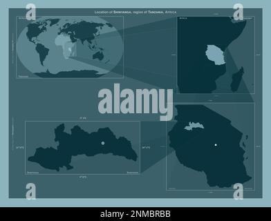 Shinyanga, regione della Tanzania. Diagramma che mostra la posizione della regione su mappe in scala più grande. Composizione di fotogrammi vettoriali e forme PNG su un solido Foto Stock