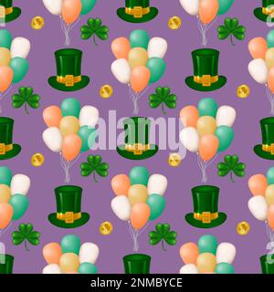 Festeggia St. Patrick's Day in grande stile con il nostro motivo senza cuciture con cappello Leprechaun, foglie di trifoglio, monete d'oro e palloncini sullo sfondo viola Illustrazione Vettoriale
