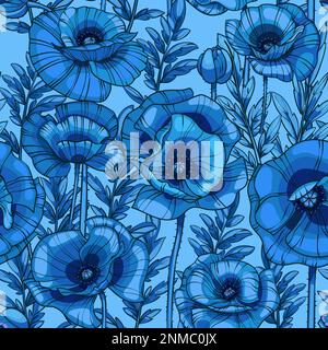 papaveri blu senza cuciture modello vettoriale, fiori, foglie e steli Illustrazione Vettoriale