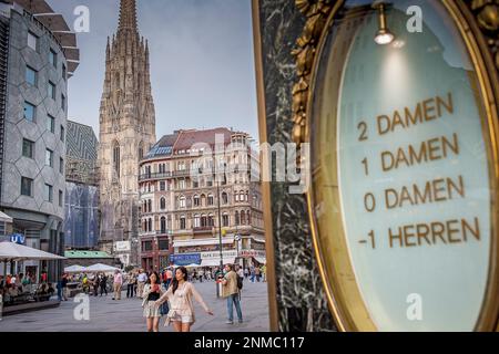 Scena di strada, in Stephansplatz, sullo sfondo la cattedrale di Santo Stefano a Vienna, in Austria Foto Stock