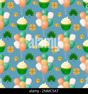 Festeggia St. Patrick's Day in grande stile con il nostro modello senza cuciture con palloncini, foglie di trifoglio, monete d'oro, uno shamrock dorato e una deliziosa cupca Illustrazione Vettoriale