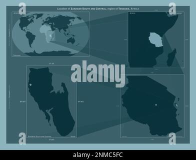 Zanzibar Sud e Centrale, regione della Tanzania. Diagramma che mostra la posizione della regione su mappe in scala più grande. Composizione di frame vettoriali e PNG Foto Stock