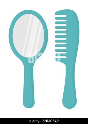 Specchio cosmetico verde cartone animato e pettine. Isolato su sfondo bianco. Illustrazione semplice del vettore piatto. Illustrazione Vettoriale
