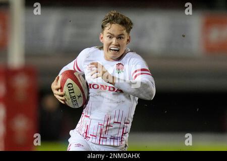 Monty Bradbury of England U20's durante il 2023 U20 Six Nations Match Galles vs Inghilterra allo Stadiwm CSM, Colwyn Bay, Regno Unito, 24th febbraio 2023 (Foto di Steve Flynn/News Images) Foto Stock