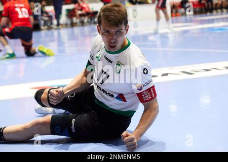 Pamplona, Spagna. 24th febbraio 2023. Sport. Pallamano. Carlos Chocarro (17-Helvetia Anaitasuna) durante la partita di pallamano della Lega Asobal di plenitude tra Helvetia Anaitasuna e Fraikin BM. Granollers al padiglione Anaitasuna di Pamplona (Spagna) il 24 febbraio 2023. Credit: Iùigo Alzugaray/Alamy Live News Foto Stock