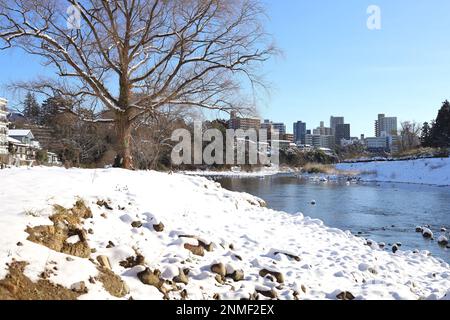 Sendai, Miyagi, Giappone, febbraio 2023. Scena della neve intorno al fiume Hirose in inverno Foto Stock