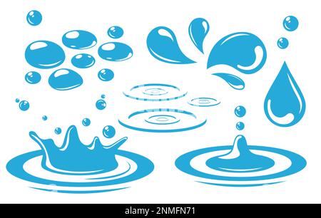 Raccolta di disegno di acqua. Gocce, schizzi, vettore corona d'acqua Illustrazione in stile piatto Illustrazione Vettoriale
