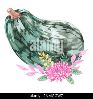 Zucca decorata con fiori autunnali di crisantemi e assaggiatori con foglie e ramoscelli in acquerello Foto Stock