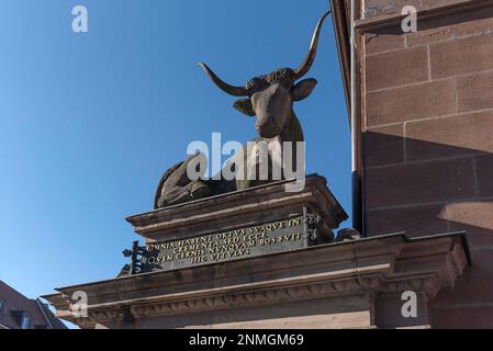 Scultura storica di un bue sul ponte della carne presso l'ex macello, Norimberga, Franconia media, Baviera, Germania Foto Stock