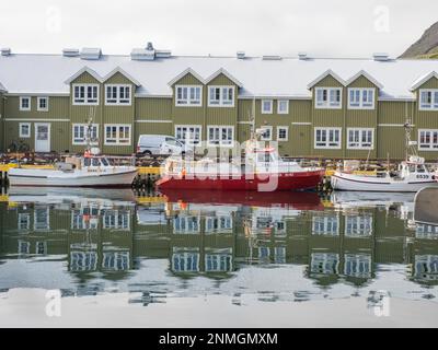 Case di legno e barche da pesca nel porto, Siglufjoerdur, Nord Islanda, Islanda Foto Stock