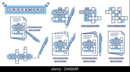 Rivista puzzle cruciverba, risolvere la parola croce nel giornale con la scrittura penna linea icona set. Indovinello, gioco logico per il tempo libero. Griglia risposta alla domanda. Vettore Illustrazione Vettoriale