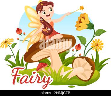 Bella Flying Fairy Illustration con Elf, Landscape Tree e Green Grass in Cartoon piano disegnato a mano per banner Web o modelli di landing page Illustrazione Vettoriale