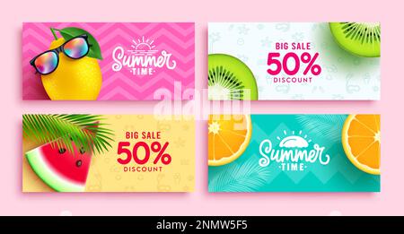 Vendita estate vettore banner set design. Vendita estate testo sconto tag di raccolta layout. Volantini con illustrazioni vettoriali e sfondo degli annunci promozionali per brochure. Illustrazione Vettoriale