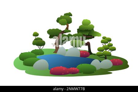 Giardino giapponese e letto di fiori con piccoli alberi, pietre e fiori. Con pietre e acqua. Isolato su sfondo bianco. Vettore di illustrazione. Illustrazione Vettoriale