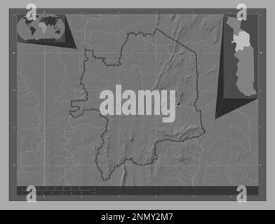 Kara, regione del Togo. Mappa altimetrica bilivello con laghi e fiumi. Mappe delle posizioni ausiliarie degli angoli Foto Stock