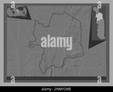 Kara, regione del Togo. Mappa altimetrica bilivello con laghi e fiumi. Posizioni delle principali città della regione. Mappe delle posizioni ausiliarie degli angoli Foto Stock