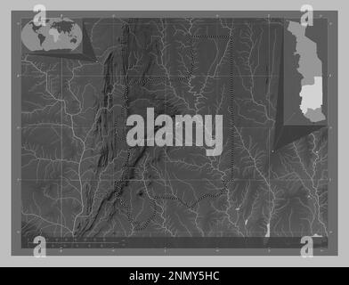 Plateaux, regione del Togo. Mappa in scala di grigi con laghi e fiumi. Mappe delle posizioni ausiliarie degli angoli Foto Stock