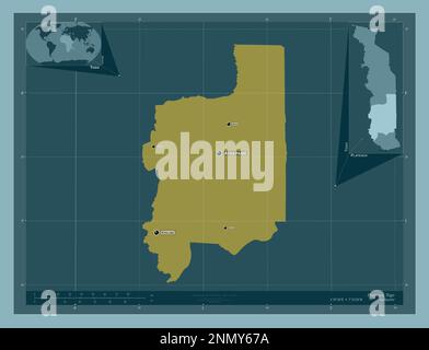 Plateaux, regione del Togo. Forma a tinta unita. Località e nomi delle principali città della regione. Mappe delle posizioni ausiliarie degli angoli Foto Stock