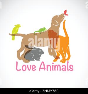 Gruppo vettore di animali domestici - cane, gatto, pappagallo, camaleonte, coniglio, Farfalla, isolata su sfondo bianco, facile illustrazione vettoriale a strati modificabile. Animale Illustrazione Vettoriale