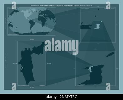 San Juan-Laventille, regione di Trinidad e Tobago. Diagramma che mostra la posizione della regione su mappe in scala più grande. Composizione dei frame vettoriali e. Foto Stock