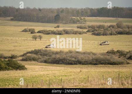 Due militari britannici AS90 (AS-90 Braveheart Gun Equipment 155mm L131) blindati semoventi obici su un esercizio militare, Wiltshire UK Foto Stock