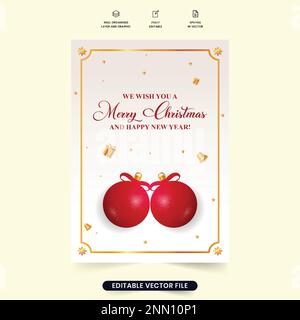 Il saluto di Natale creativo e il disegno del modello di biglietto di auguri su uno sfondo bianco sporco. Carta regalo di Natale con elementi dorati e decori rossi Illustrazione Vettoriale