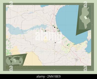 Gabes, governatorato della Tunisia. Aprire la mappa stradale. Posizioni delle principali città della regione. Mappe delle posizioni ausiliarie degli angoli Foto Stock