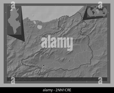 Jendouba, governatorato della Tunisia. Mappa altimetrica bilivello con laghi e fiumi. Posizioni delle principali città della regione. Mappe delle posizioni ausiliarie degli angoli Foto Stock