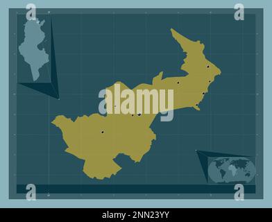 Tunisi, governatorato della Tunisia. Forma a tinta unita. Posizioni delle principali città della regione. Mappe delle posizioni ausiliarie degli angoli Foto Stock