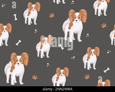 Motivo senza cuciture con piccolo cane papillon. Cartone animato domestico, cuccioli carini per la stampa, poster e cartoline. Sfondo degli animali vettoriali. Poco divertente Illustrazione Vettoriale