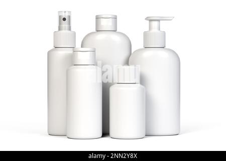 Flacone di plastica cosmetica isolato su sfondo bianco. Contenitore liquido per gel, lozione, crema, shampoo, schiuma da bagno, spray per la cura della pelle e dei capelli. Produzione di bellezza Foto Stock