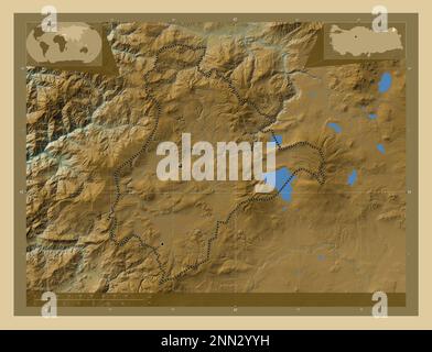 Ardahan, provincia di Turkiye. Mappa di altitudine colorata con laghi e fiumi. Posizioni delle principali città della regione. Mappe delle posizioni ausiliarie degli angoli Foto Stock