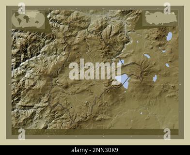 Ardahan, provincia di Turkiye. Mappa dell'altitudine colorata in stile wiki con laghi e fiumi. Posizioni delle principali città della regione. Pos. Ausiliario angolo Foto Stock