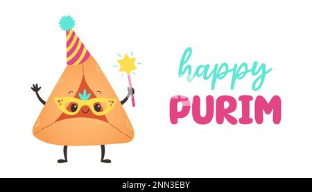 Purim Holiday banner design con hamantaschen cookie divertenti personaggi cartone animato. Buon giorno di Purim Illustrazione Vettoriale