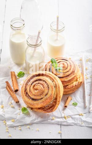 Panini alla cannella caldi e fatti in casa serviti con latte. Popolare dessert svedese. Foto Stock